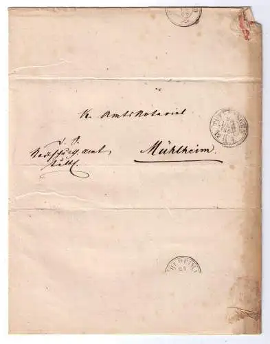 Altdtl.  Württemberg 1868 / 4 x K3-Stempel / von Mühlhein A/D nach Tuttlingen / Doppelverwendung