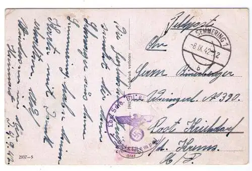 1942 - AK Semmering Weinzettelwand-Tunnel / Feldpost vom Landesschützen-Btl.