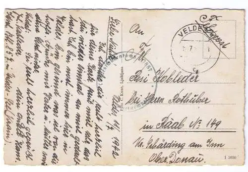 1942 - AK Veldeser See (Blejski otok), adressiert nach Raab Kreis Schärding am Inn