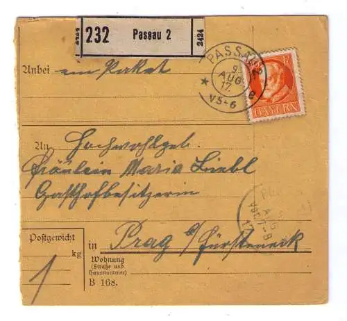 1917 - Paketkarte aus Passau - an eine Gasthofbesitzerin in Prag bei Fürsteneck