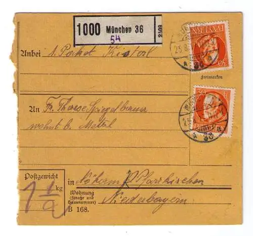 1917 - Paketkarte aus München - adressiert nach Nöham / Pfarrkirchen