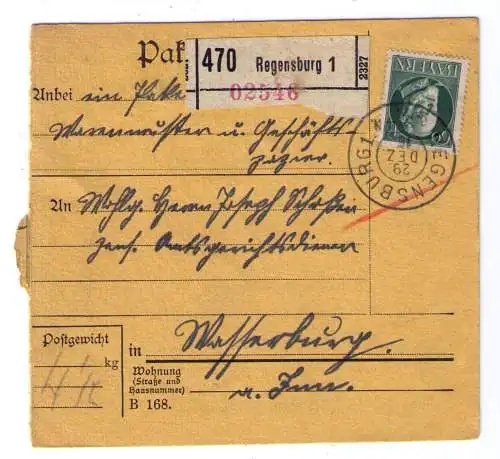 1916 - Paketkarte aus Regensburg - an einen pens. Amtsgerichtsdiener in Wasserburg am Inn