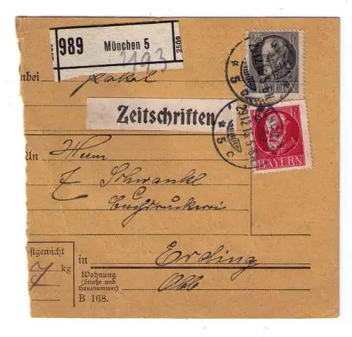 1916 - Paketkarte aus München - adressiert nach Erding - mit "ZEITSCHRIFTEN"-Aufkleber