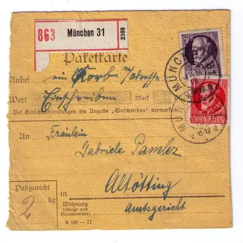 1919 - Einschreiben-Paketkarte aus München - adressiert ans Amtsgericht in Altötting