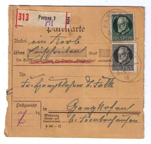 1918 - Einschreiben-Paketkarte aus Passau - adressiert nach Gangkofen