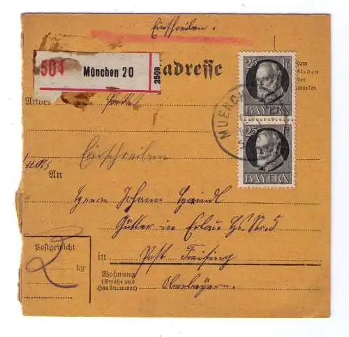 1918 - Einschreiben-Paketkarte aus München - adressiert nach Erlau bei Freising