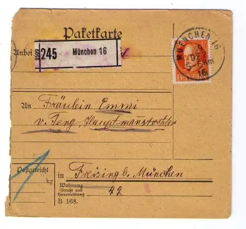1916 - Paketkarte aus München - adressiert an eine Hauptmannstochter in Freising