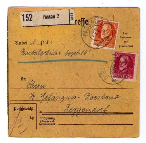 1918 - Paketkarte aus Passau - adressiert an den Gefängnis-Vorstand in Deggendorf