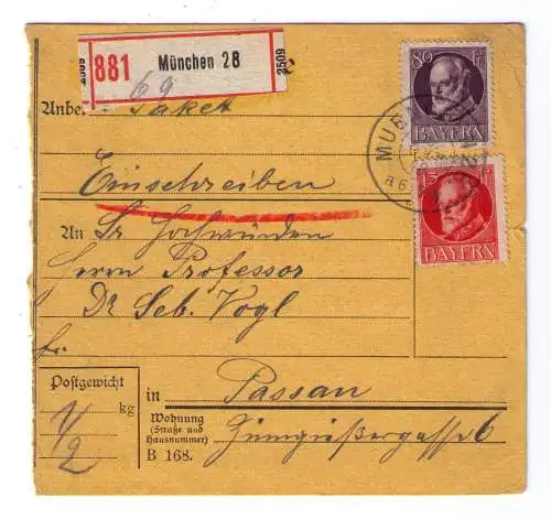 1918 - Einschreiben-Paketkarte aus München - adressiert an Professor Dr. Sebastian Vogl in Passau