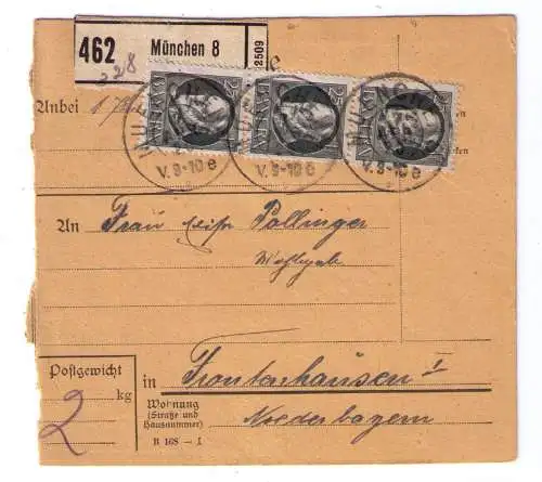 1920 - Paketkarte aus München - adressiert nach Frontenhausen