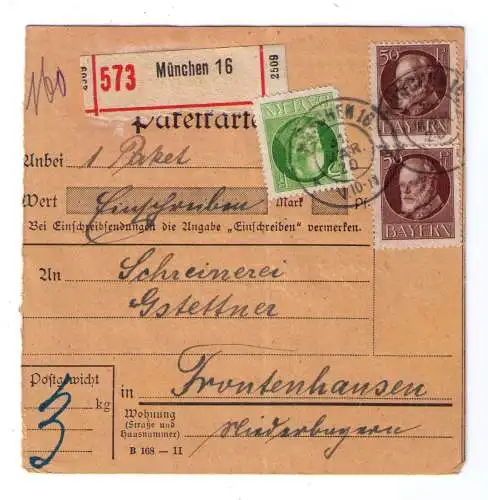 31.3.1920 - Einschreiben-Paketkarte aus München - adressiert nach Frontenhausen - letzter Tag der bayerischen Posthoheit