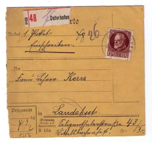 1917 - Einschreiben-Paketkarte aus Osterhofen,  adressiert an eine Lehrerin in Landshut