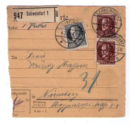 1920 - Paketkarte aus Schweinfurt, adressiert nach Nürnberg