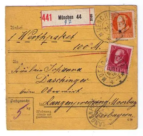 1918 - Einschreiben-Paketkarte für ein Wertpaket (100 Mark), adressiert nach Langenpreising