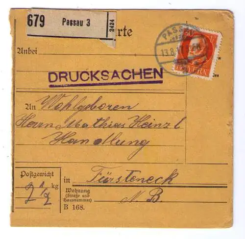 1917 - Paketkarte mit Drucksachen aus Passau, adressiert nach Fürsteneck