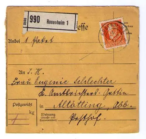 1917 - Paketkarte aus Rosenheim, adressiert an die K. Amtsrichters-Gattin in Altötting