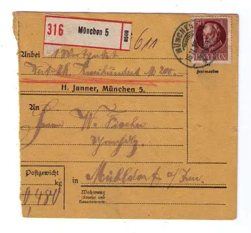 1918 - Paketkarte für ein Wertpaket (200 Mark) aus München, adressiert nach Mühldorf am Inn