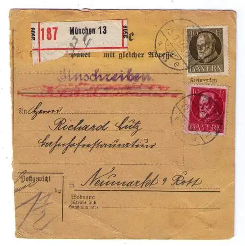 1917 - Einschreiben-Paketkarte aus München, an einen Bahnhofrestaurateur in Neumerkt a. Rott