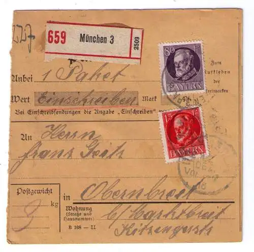 1918 - Einschreiben-Paketkarte aus München, adressiert nach Obernbreit bei Marktbreit