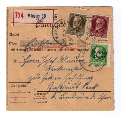 1919 - Einschreiben-Paketkarte aus München, adressiert nach Zeholfing / Buntfrankatur