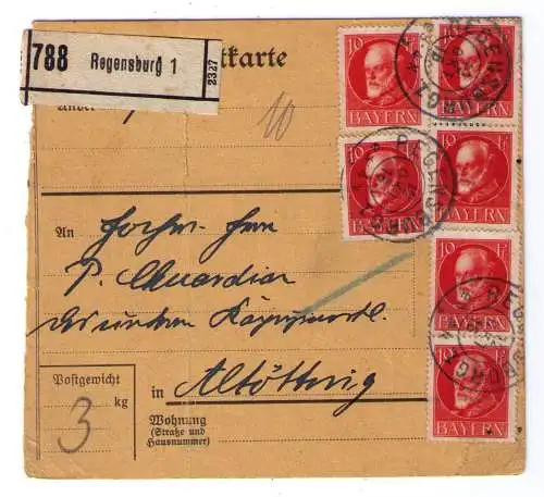 1916 - Paketkarte aus Regensburg, adressiert nach Altötting / MeF (6 Marken)