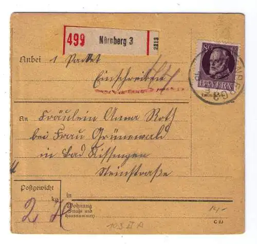 1918 - Einschreiben-Paketkarte aus Nürnberg, adressiert nach Bad Kissingen