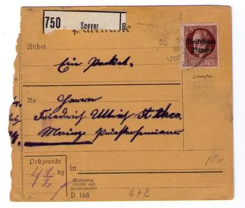 1920 - Paketkarte aus Speyer, adressiert ans Priesterseminar in Mainz