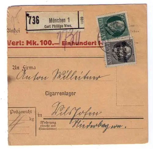 1919 - Paketkarte (Wert 100 Mark) mit Aufkleber "Carl Phillips Wwe. München", an ein Zigarrenlager in Vilshofen