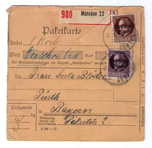 1919 - Einschreiben-Paketkarte aus München, adressiert nach Fürth