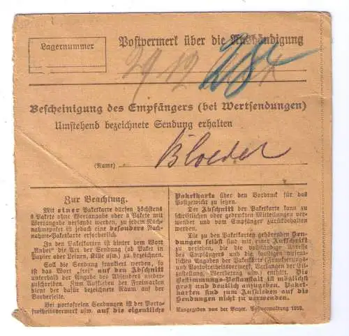 1919 - Einschreiben-Paketkarte aus München, adressiert nach Fürth