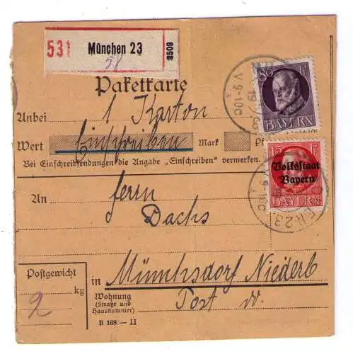 1919 - Einschreiben-Paketkarte aus München, adressiert nach Münchsdorf