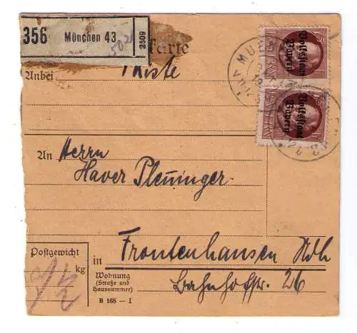 1919 - Paketkarte aus München, adressiert nach Frontenhausen