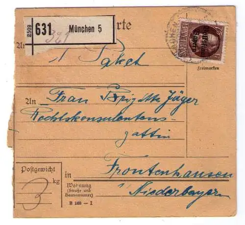 1919 - Paketkarte aus München, adressiert nach Frontenhausen