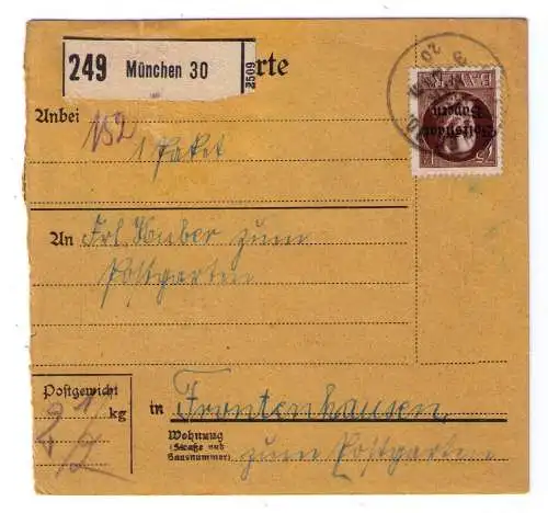 1920 - Paketkarte aus München, adressiert nach Frontenhausen (zum Postgarten)