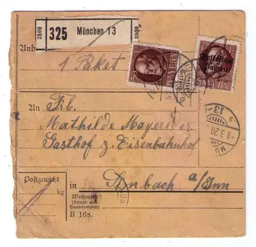 1920 - Paketkarte aus München, adressiert nach Simbach (an Gasthof zum Eisenbahnhof)