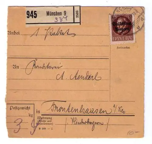 1920 - Paketkarte aus München, adressiert an eine Konditorin in Frontenhausen a. Vils