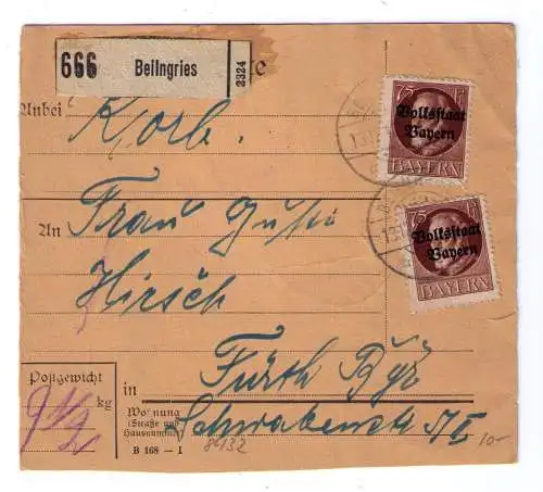 1919 - Paketkarte aus Beilngries, adressiert nach Fürth