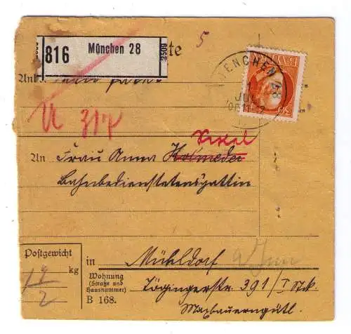 1917 - Paketkarte nach Mühldorf / Inn ; zunächst "unbekannt" - dann umadressiert