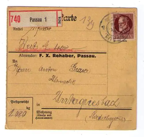 1918 - Paketkarte (Wert = 400 Mark) vom Uhrengroßhändler F. X. Rehaber in Passau