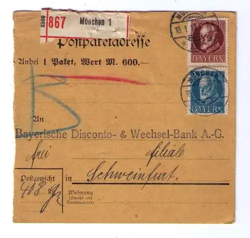 1917 - Paketkarte (Wert = 600 Mark) an die Bay. Disconto- & Wechselbank in Schweinfurt