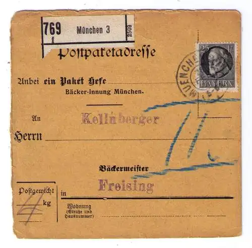 1916 - Paketkarte von der Bäckerinnung - Lieferung von 4 kg Hefe nach Freising