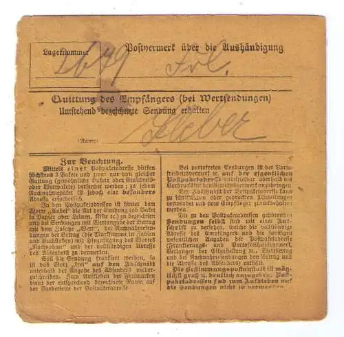 1916 - Paketkarte von der Bäckerinnung - Lieferung von 4 kg Hefe nach Freising