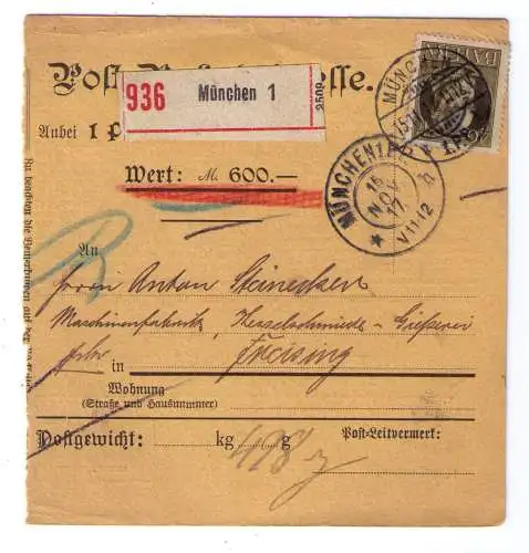 1917 - Wert-Paketkarte (600 Mark) an die Maschinenfabrik Steinecker in Freisingt