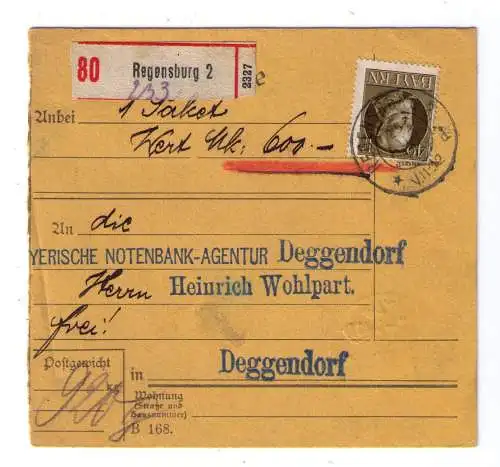 1917 - Wert-Paketkarte (600 Mark) an die Bay. Notenbank-Agentur in Deggendorf