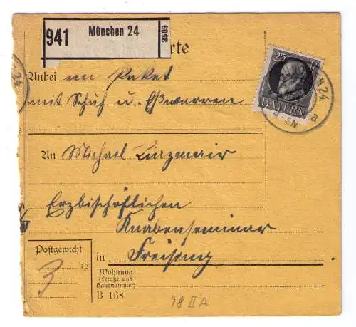 1916 - Paketkarte / Schuh- und Eßwaren an das Erzbischöfliche Knabenseminar in Freising