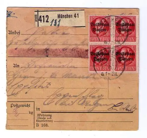 1919 - Paketkarte von München nach Eppenschlag / Frankatur mit 4er Block + 7er Block