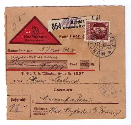 1918 - Nachnahmepaketkarte von G. Phillip's München an Cigarrenlager in Massenhausen