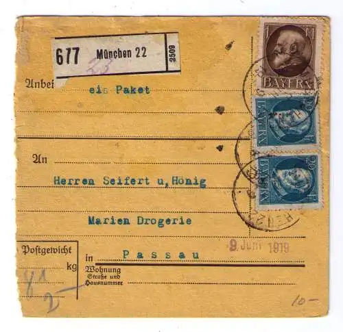 1919 - Paketkarte für eine 8,5 kg - Paket von München nach Passau