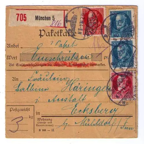 1919 - Einschreibe-Paketkarte an die Anstalt Ecksberg bei Mühldorf a. Inn