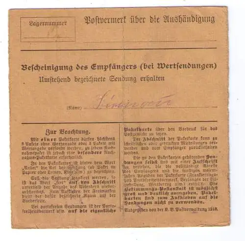 1919 - Einschreibe-Paketkarte an die Anstalt Ecksberg bei Mühldorf a. Inn